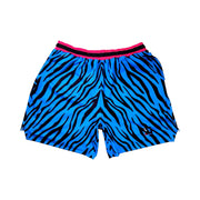 Blue and black zebra pattern shorts with pink waistband on a white background
