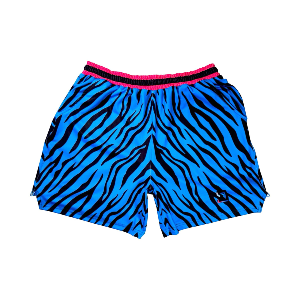 Blue and black zebra pattern shorts with pink waistband on a white background