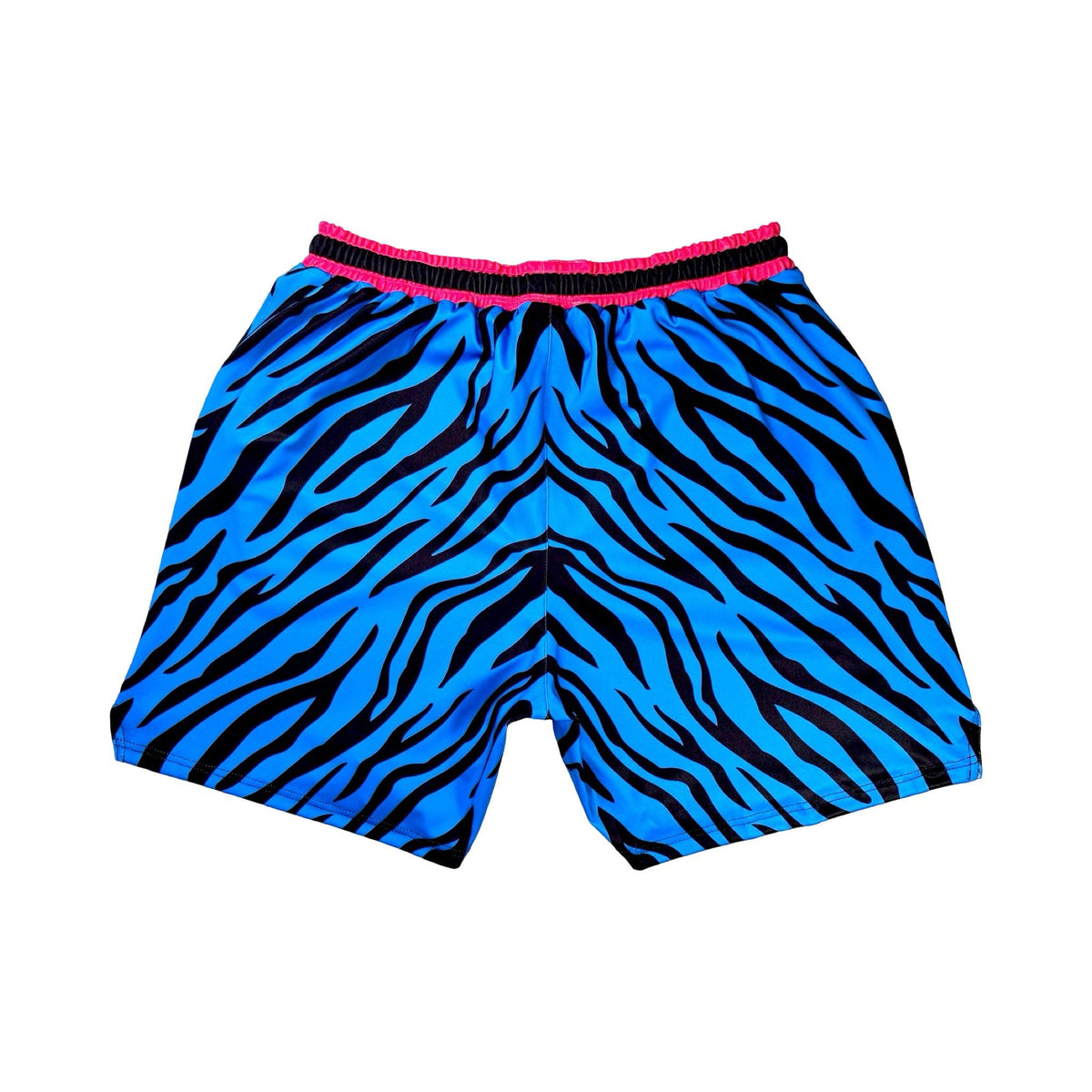 Back view of Blue and black zebra pattern shorts with pink waistband on a white background