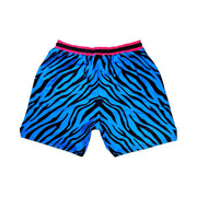 Back view of Blue and black zebra pattern shorts with pink waistband on a white background