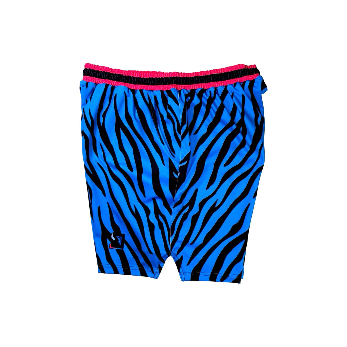 Side view of Blue and black zebra pattern shorts with pink waistband on a white background