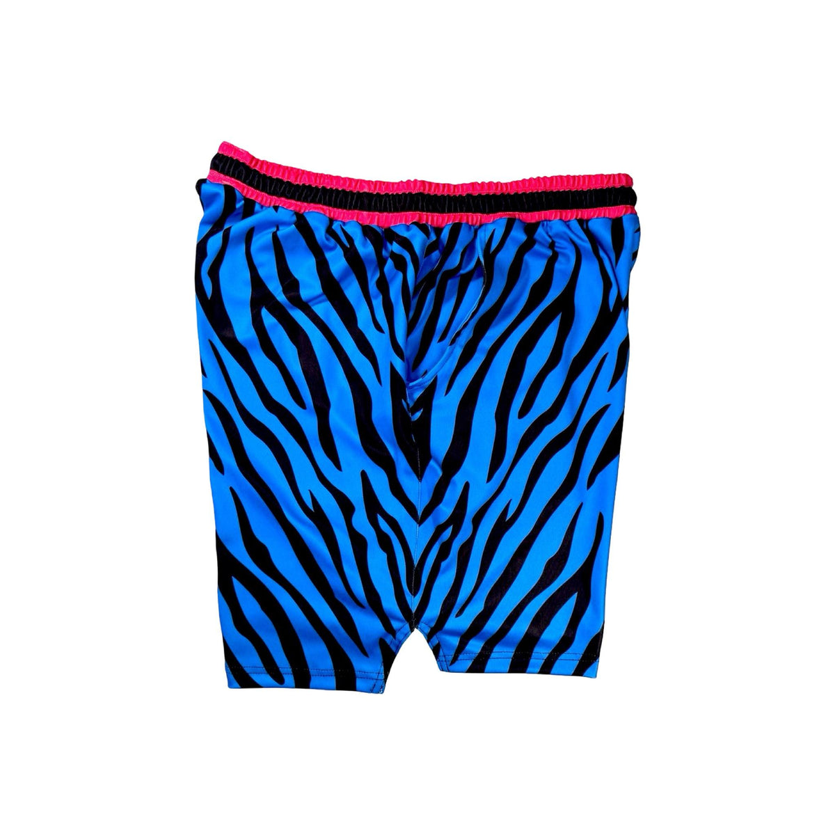 Side view of Blue and black zebra pattern shorts with pink waistband on a white background