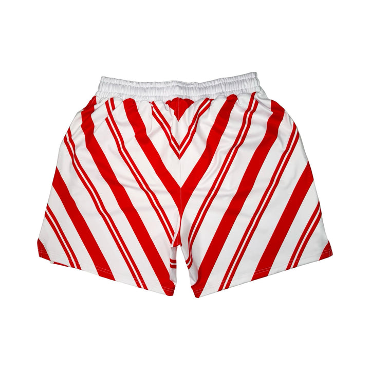 Back side view of White dry fit shorts with red Candy cane striped pattern on white background.