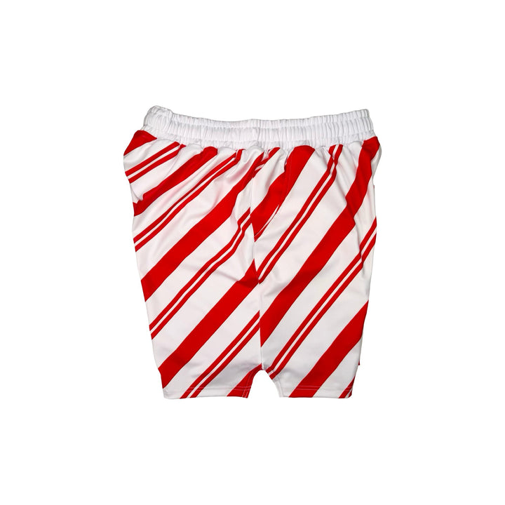 Other side view of White dry fit shorts with red Candy cane striped pattern on white background.