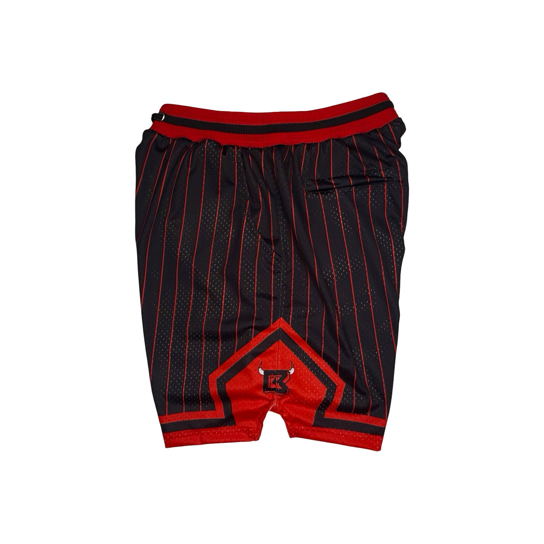 Black and red pinstriped athletic shorts with a red waistband and a red geometric patch on the front, shown flat on a white background.
