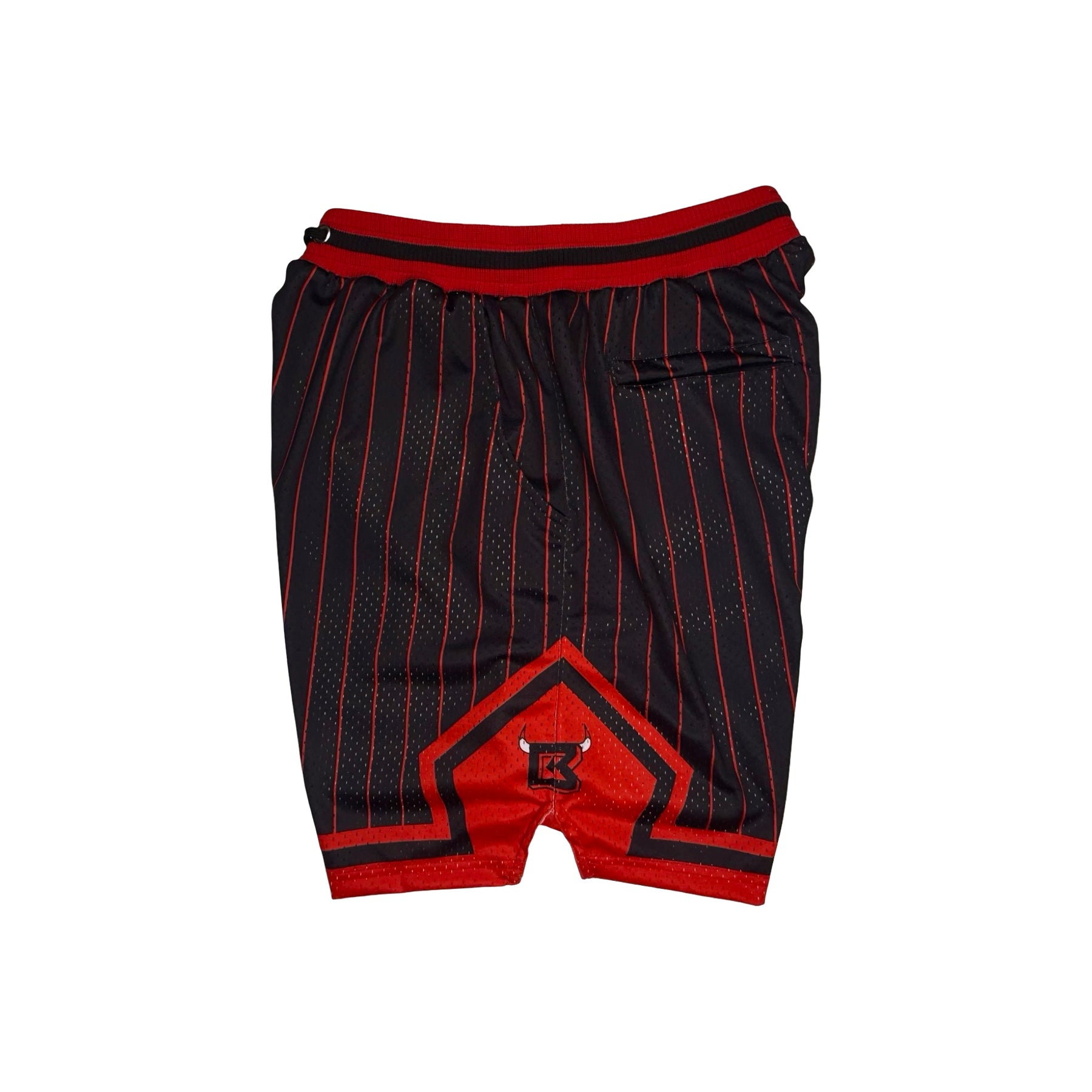 Black and red pinstriped athletic shorts with a red waistband and a red geometric patch on the front, shown flat on a white background.