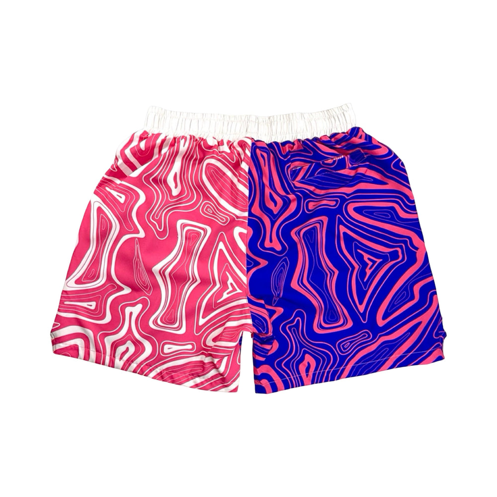 Pair of quick drying lightweight athletic shorts with pink and purple abstract swirling pattern with white waistband