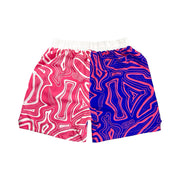 Pair of quick drying lightweight athletic shorts with pink and purple abstract swirling pattern with white waistband