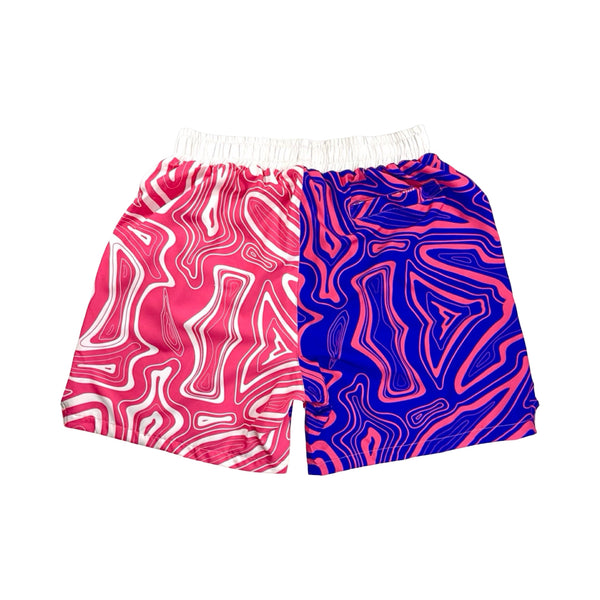 Pair of quick drying lightweight athletic shorts with pink and purple abstract swirling pattern with white waistband