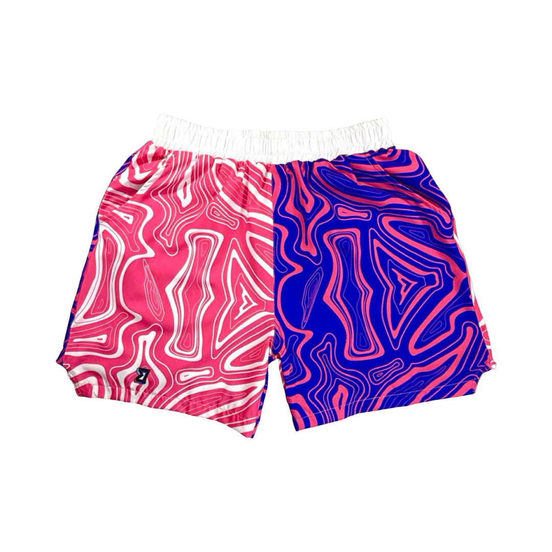 Pair of quick drying lightweight athletic shorts with pink and purple abstract swirling pattern with white waistband
