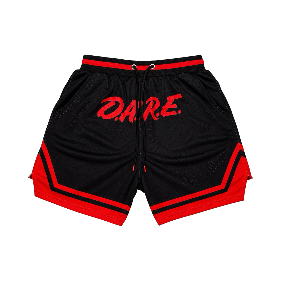 D.A.R.E. Elite PRO™ black and red premium MeshX™ basketball shorts with oversized PRO waistband and athletic performance fit designed for Jordan sneaker matching.