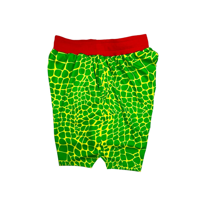 Green grinch colorway reptile patterned smooth dry fit shorts with a red waistband