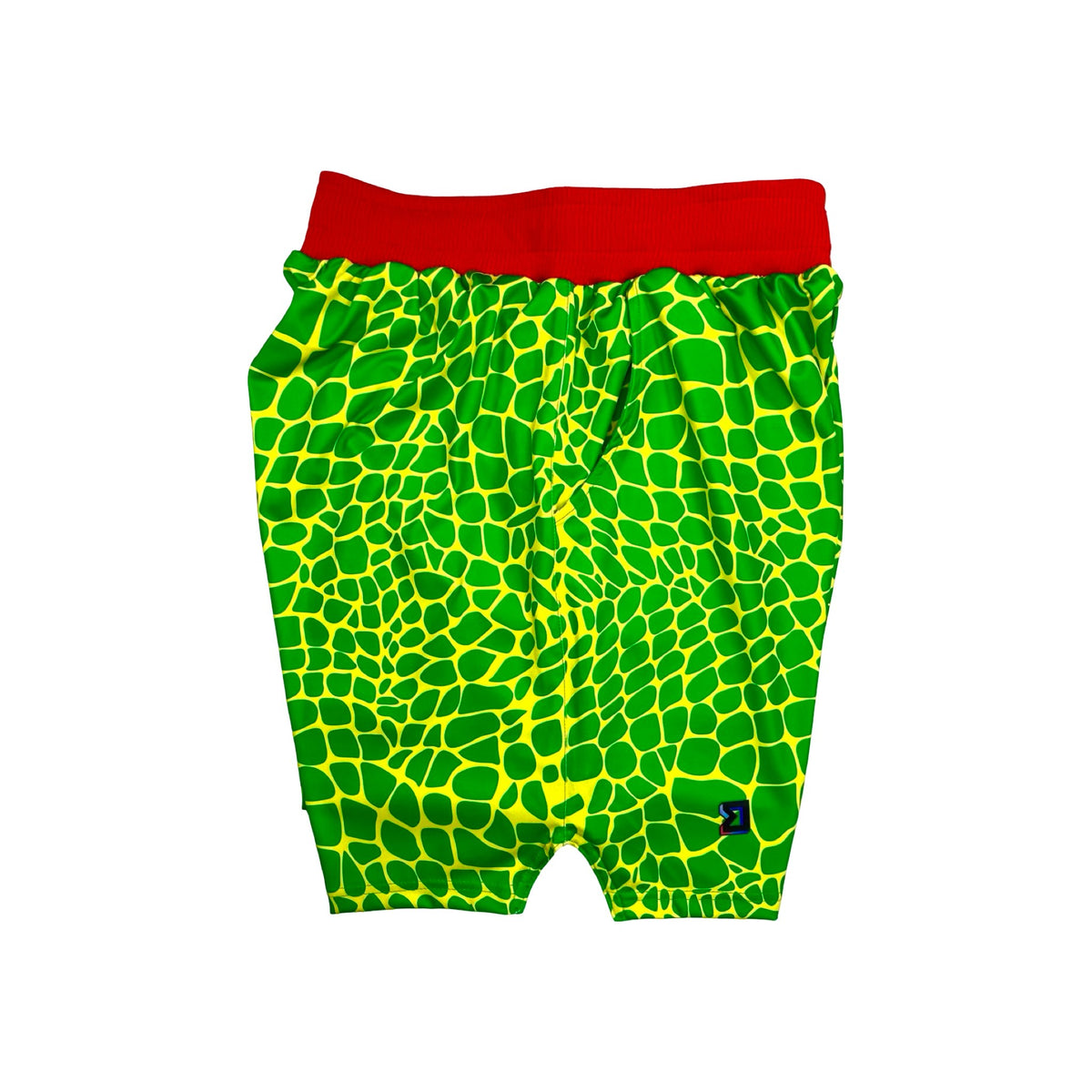 Green grinch colorway reptile patterned smooth dry fit shorts with a red waistband