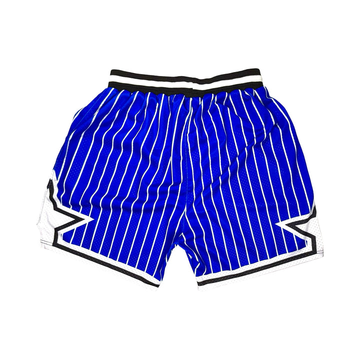 Blue pinstripe shorts with black trim on a white background