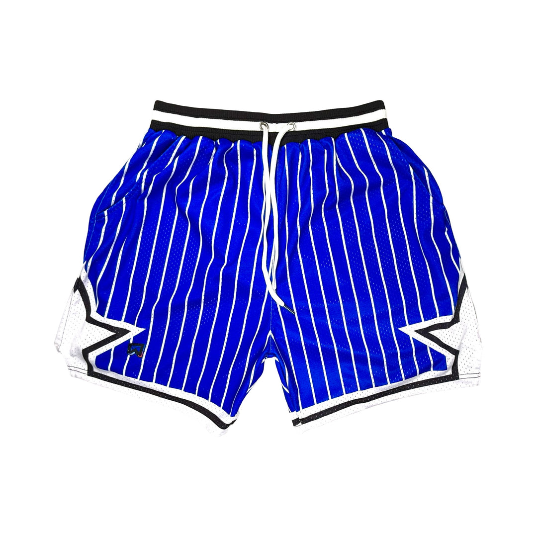 Blue pinstripe shorts with white accents on a white background