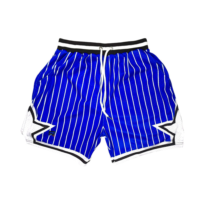 Blue pinstripe shorts with white accents on a white background