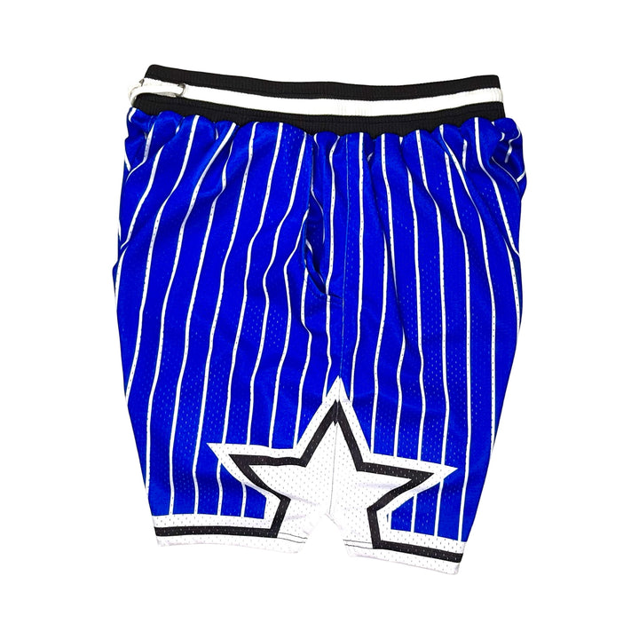 Blue pinstripe shorts with a star design on a white background