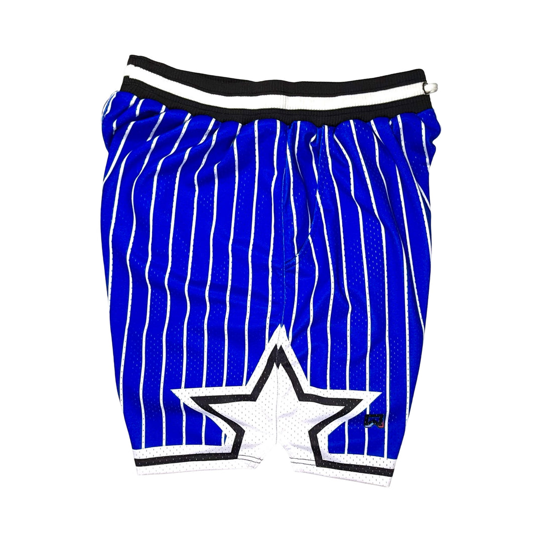 Blue pinstripe shorts with a star design on a white background