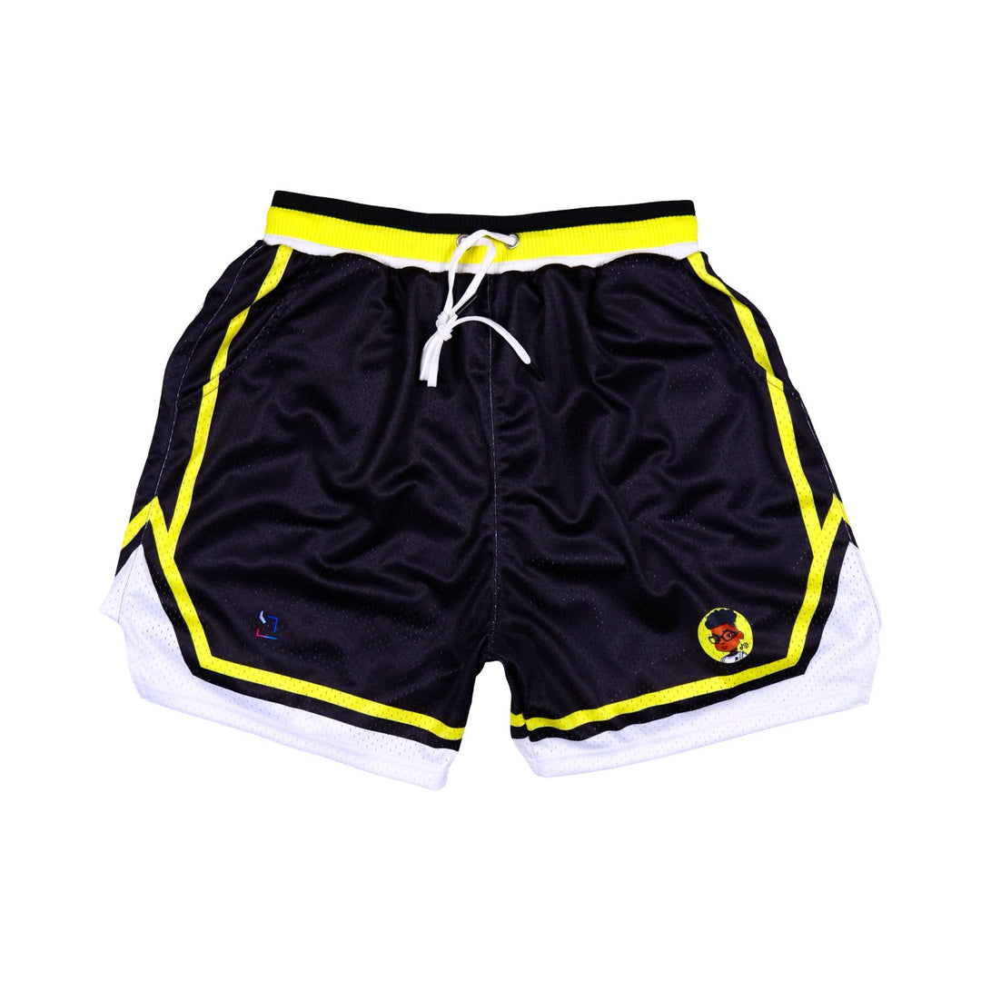 Black pro style shorts with yellow and white stripes and logos