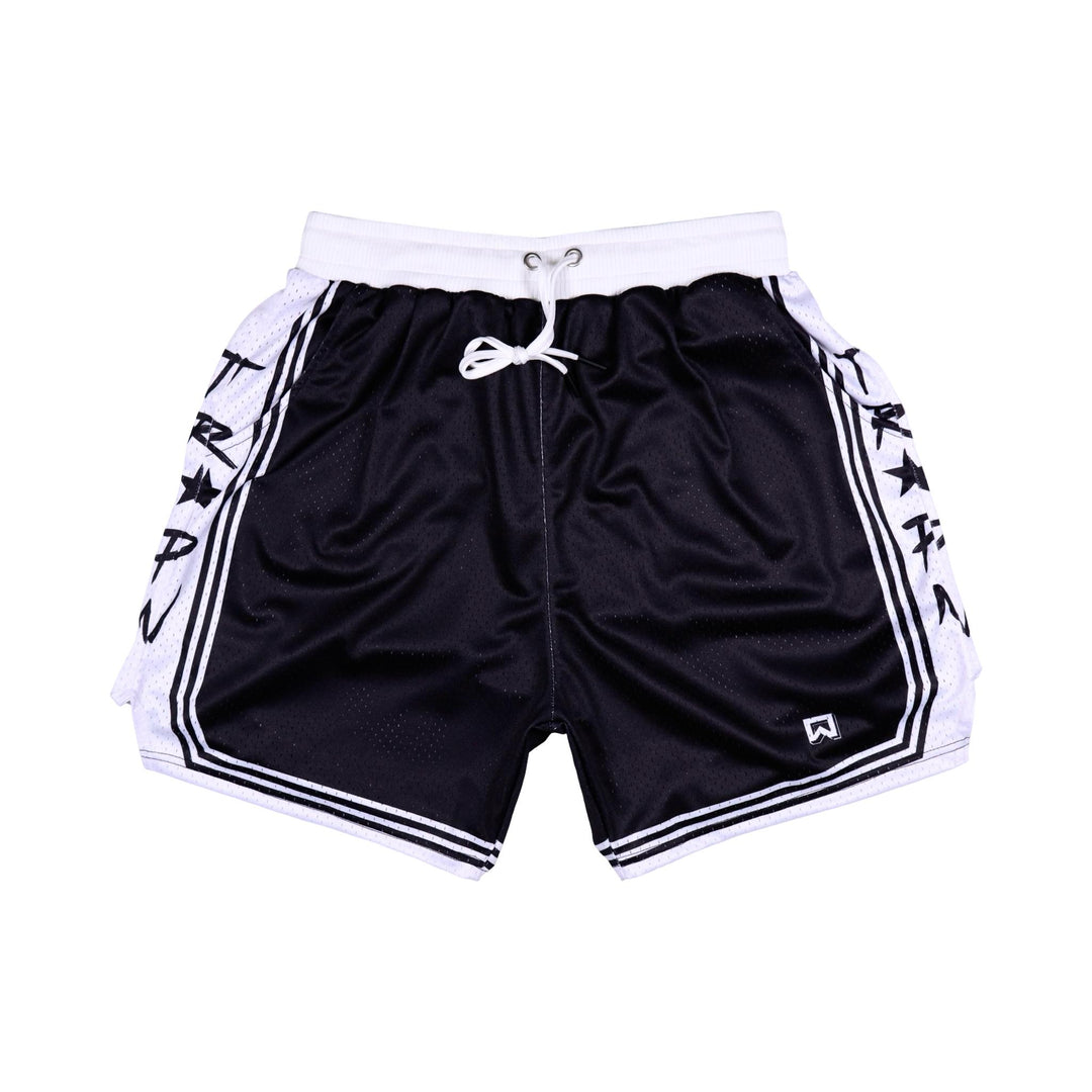 Black shorts with white accents on a white background