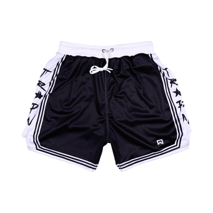 Black shorts with white accents on a white background
