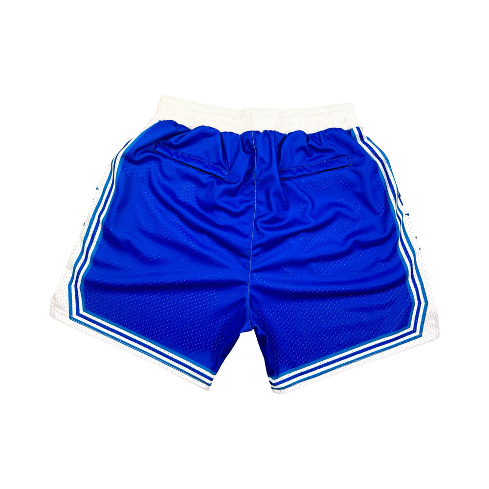 Blue and white pro style mesh basketball shorts with white drawstring and trim