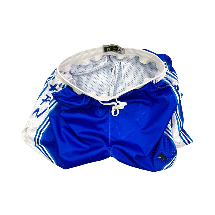 Blue and white pro style mesh basketball shorts with white drawstring and trim