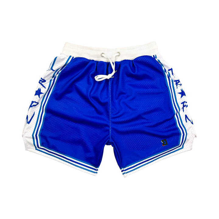 Blue athletic shorts with white drawstring and trim on a white background