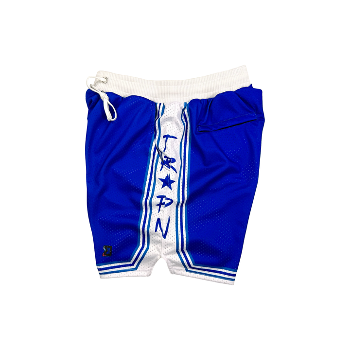Blue athletic shorts with white accents on a white background