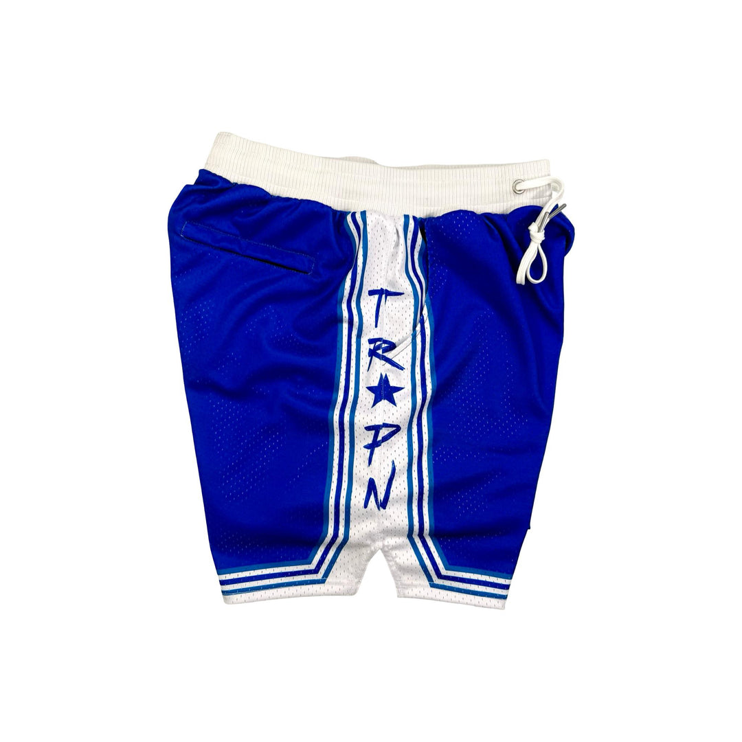 Blue and white pro style mesh basketball shorts with white drawstring and trim