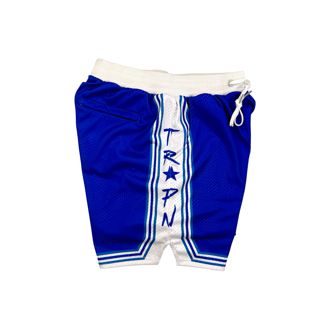 Blue shorts with white waistband and TRAPN logo on a white background