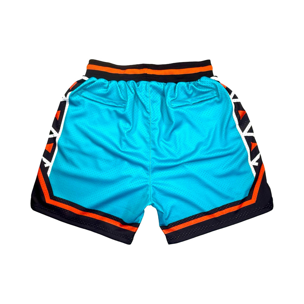 Colorful all star pattern pro style basketball shorts with teal, black, orange, and white colors