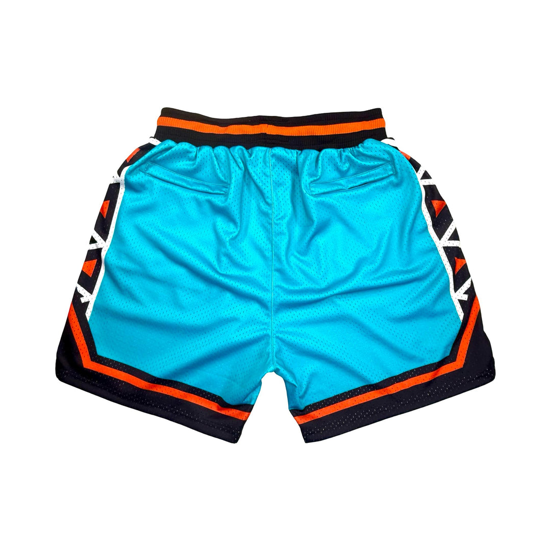 Colorful all star pattern pro style basketball shorts with teal, black, orange, and white colors