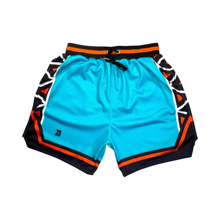 Colorful all star pattern pro style basketball shorts with teal, black, orange, and white colors