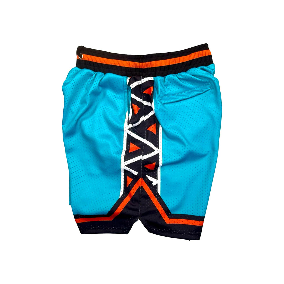 Colorful all star pattern pro style basketball shorts with teal, black, orange, and white colors