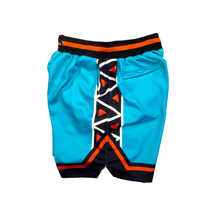 Colorful all star pattern pro style basketball shorts with teal, black, orange, and white colors
