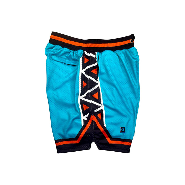 Colorful all star pattern pro style basketball shorts with teal, black, orange, and white colors