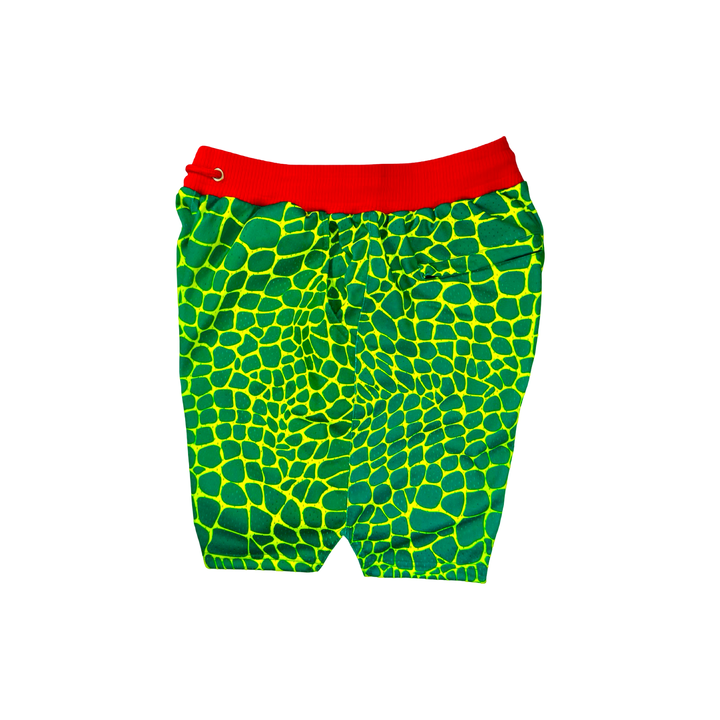 Trap Grinch Mesh Pro basketball shorts with neon green reptile pattern, red pro waistband, and zippered pockets by Trap’N Shorts.