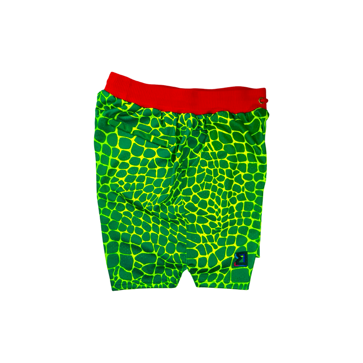Trap Grinch Mesh Pro basketball shorts with neon green reptile pattern, red pro waistband, and zippered pockets by Trap’N Shorts.