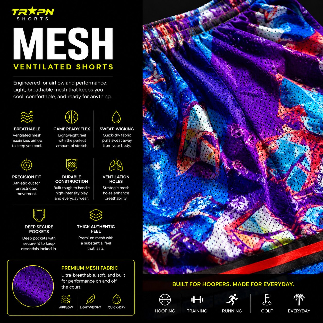 TRAPN™ Shorts Mesh Material Texture Breakdown Infographic