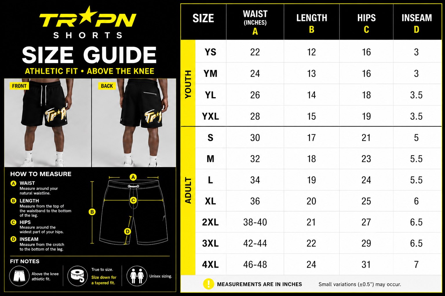 TRAPN™ Shorts sizing guide infographic