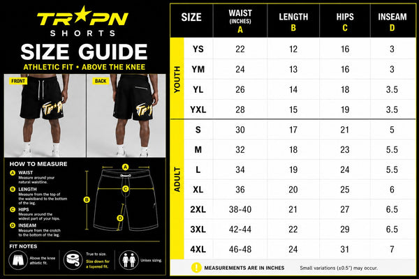TRAPN™ Shorts sizing guide infographic