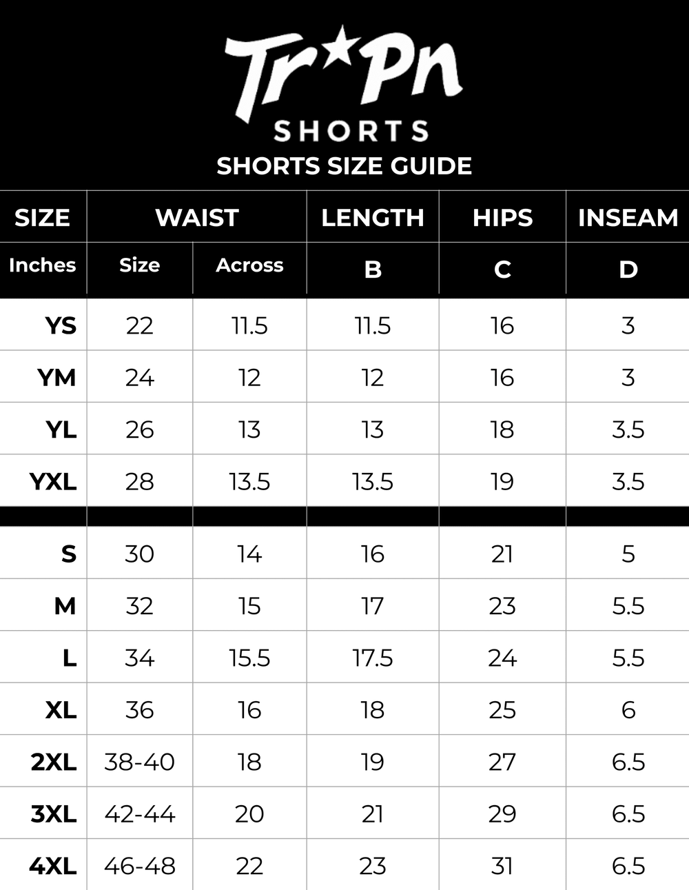 TRAPN Shorts Sizing Guide