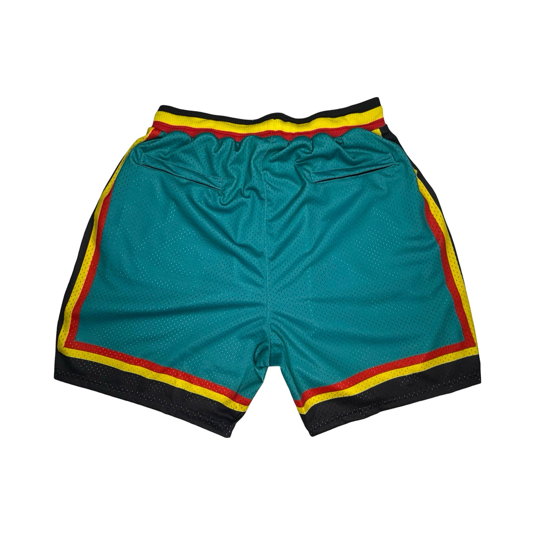 A pair of teal athletic mesh shorts with black side and waistband trim, accented by yellow and red stripes, shown flat against a white background.
