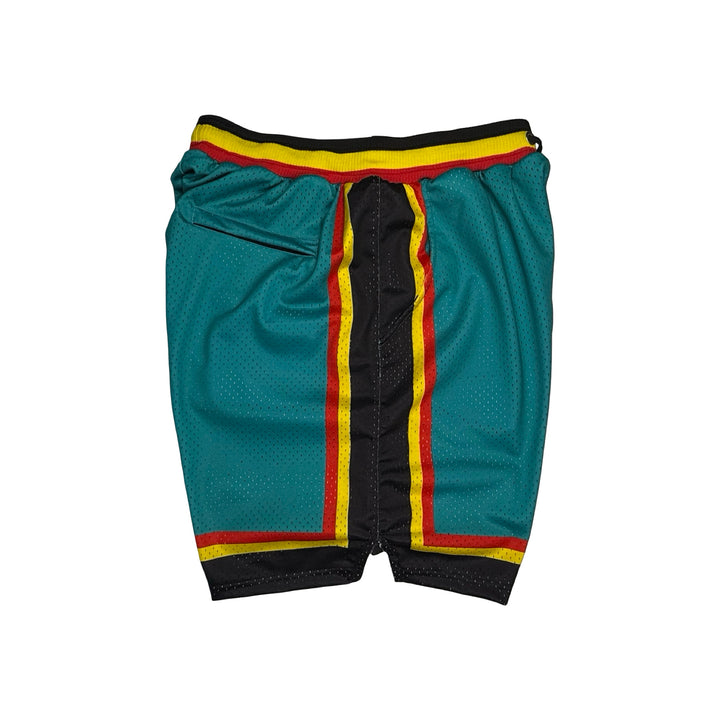A pair of teal basketball shorts with black side panels, yellow and red stripes, and black trim, shown flat against a white background.