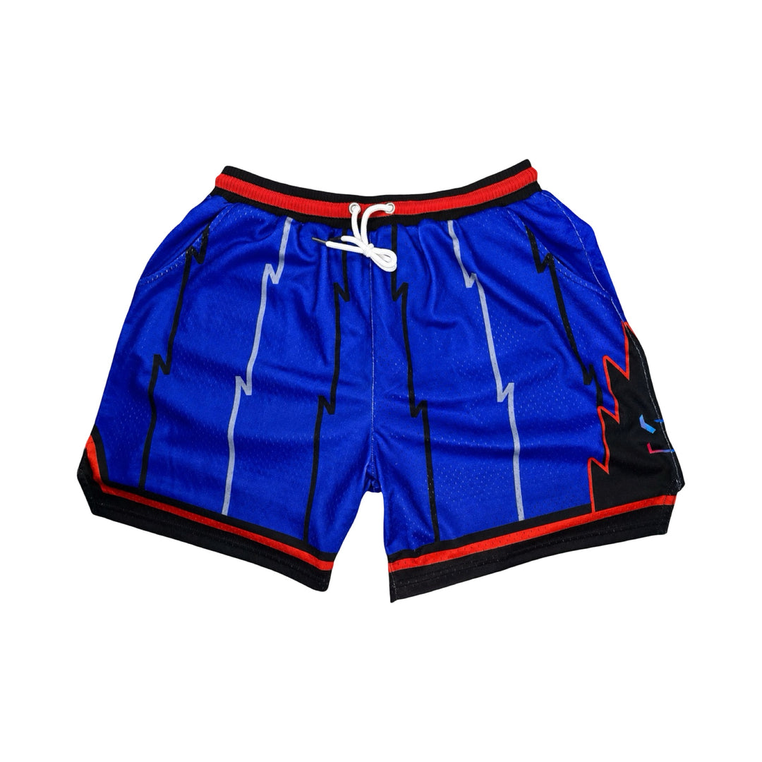 Purple mesh elite professional basketball shorts with 2 inch red and black waistband, multiple colored stripes on white background