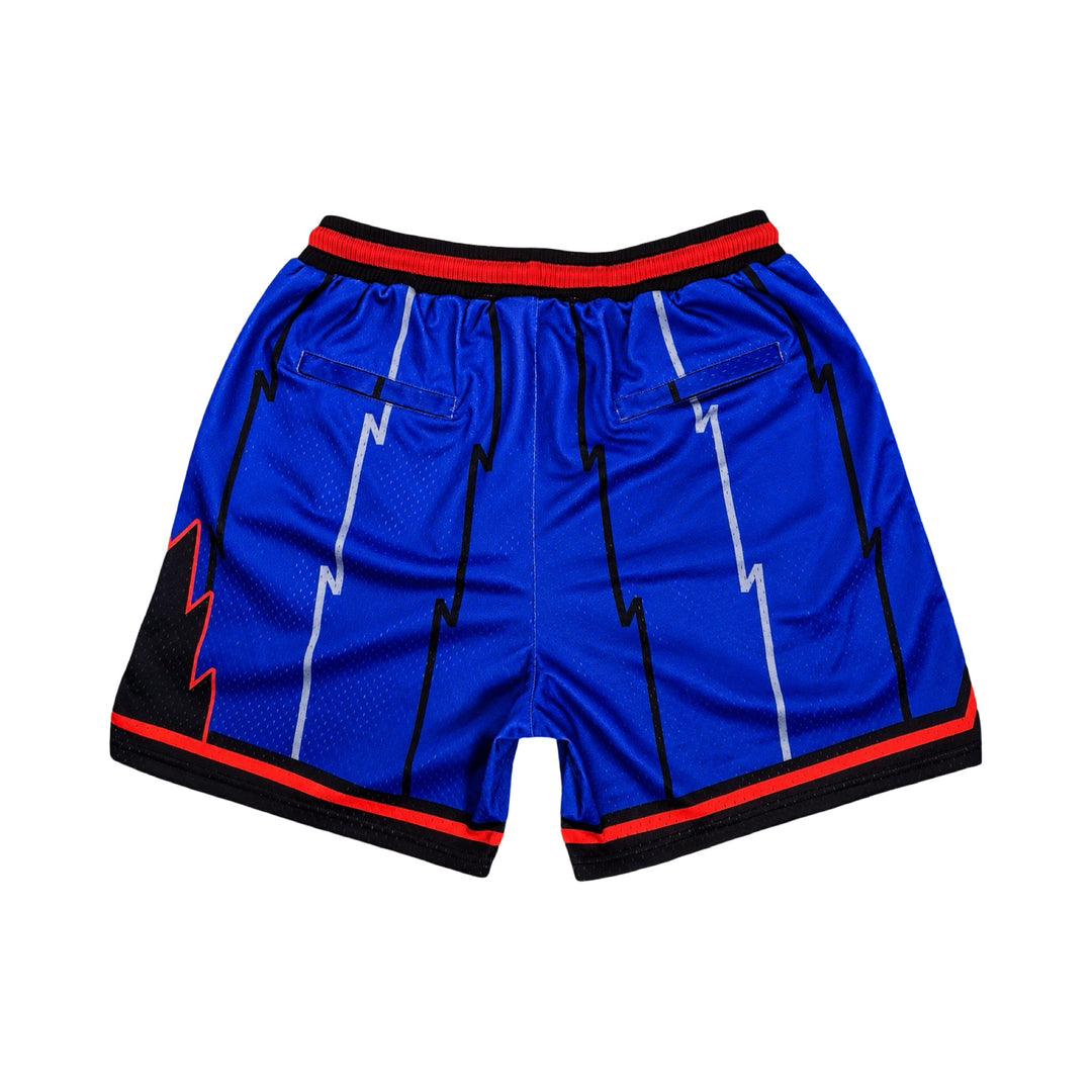 Back view with zipper pockets of Purple mesh elite professional basketball shorts with 2 inch red and black waistband, multiple colored stripes on white background