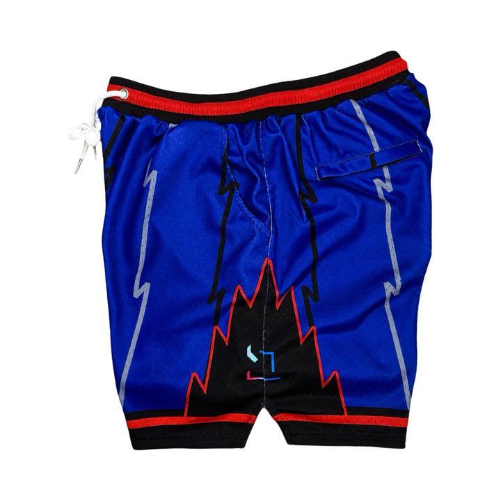 Side view of Purple mesh elite professional basketball shorts with 2 inch red and black waistband, multiple colored stripes on white background