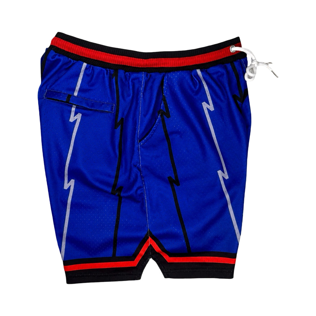 Other side view of Purple mesh elite professional basketball shorts with 2 inch red and black waistband, multiple colored stripes on white background
