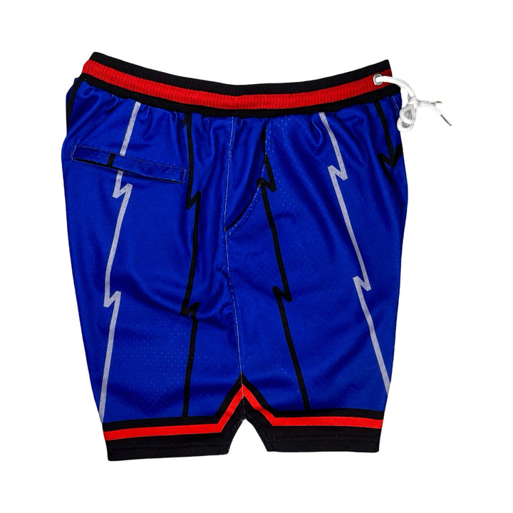 Other side view of Purple mesh elite professional basketball shorts with 2 inch red and black waistband, multiple colored stripes on white background